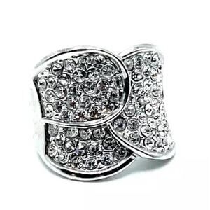 Swarovski Elements Estate Silver Wide Crystal Bypass Cocktail Statement Ring